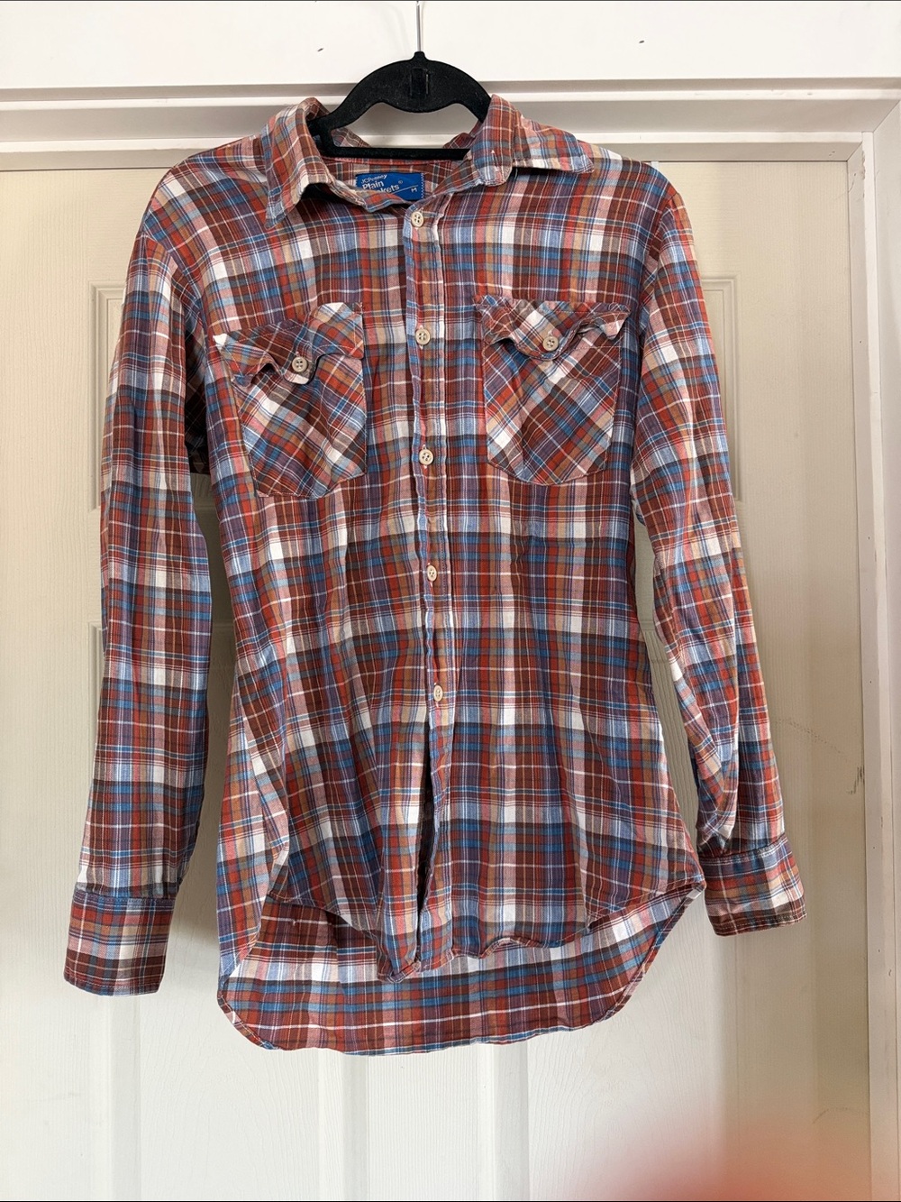 JC Penny Women’s  Classic Plaid Button-Up‎ Shirt Rust Blue Size M